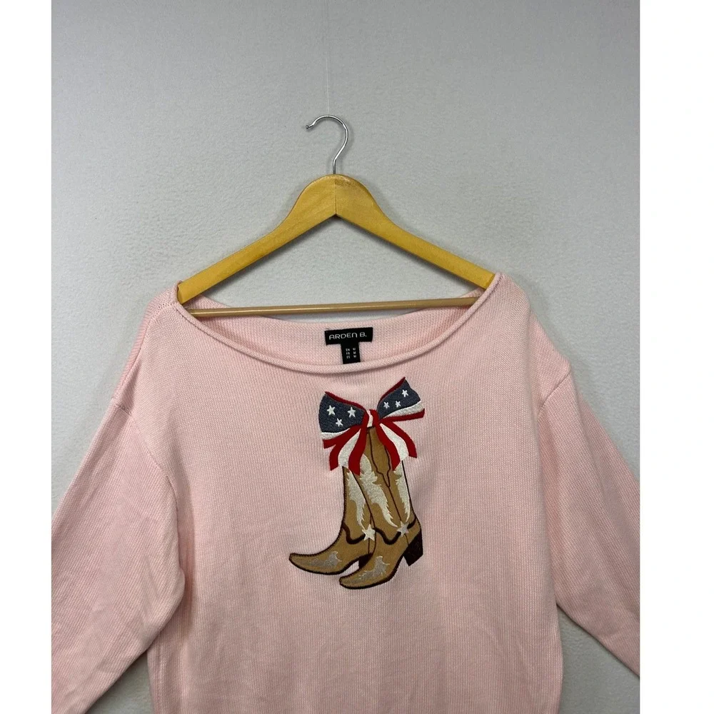 Arden B. Cowgirlcore Western Womens Medium Pink Cowboy Boot Graphic Knit Sweater - Picture 4 of 9